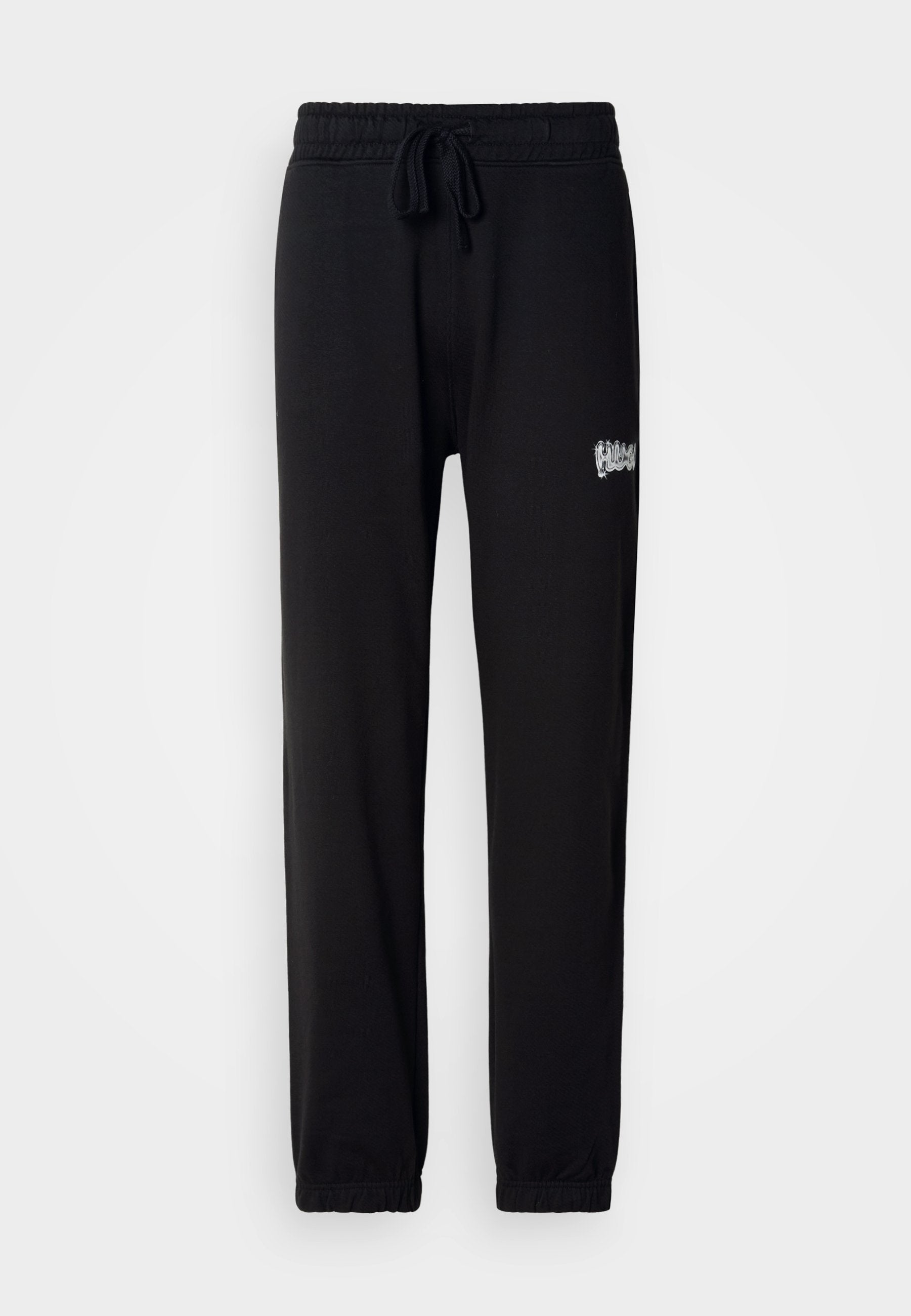 Schwarze Sweatpants aus weichem Stoff, mit einem elastischen Taillenbund und verstellbaren Kordeln sowie einem kleinen gestickten Logo an der Seite.