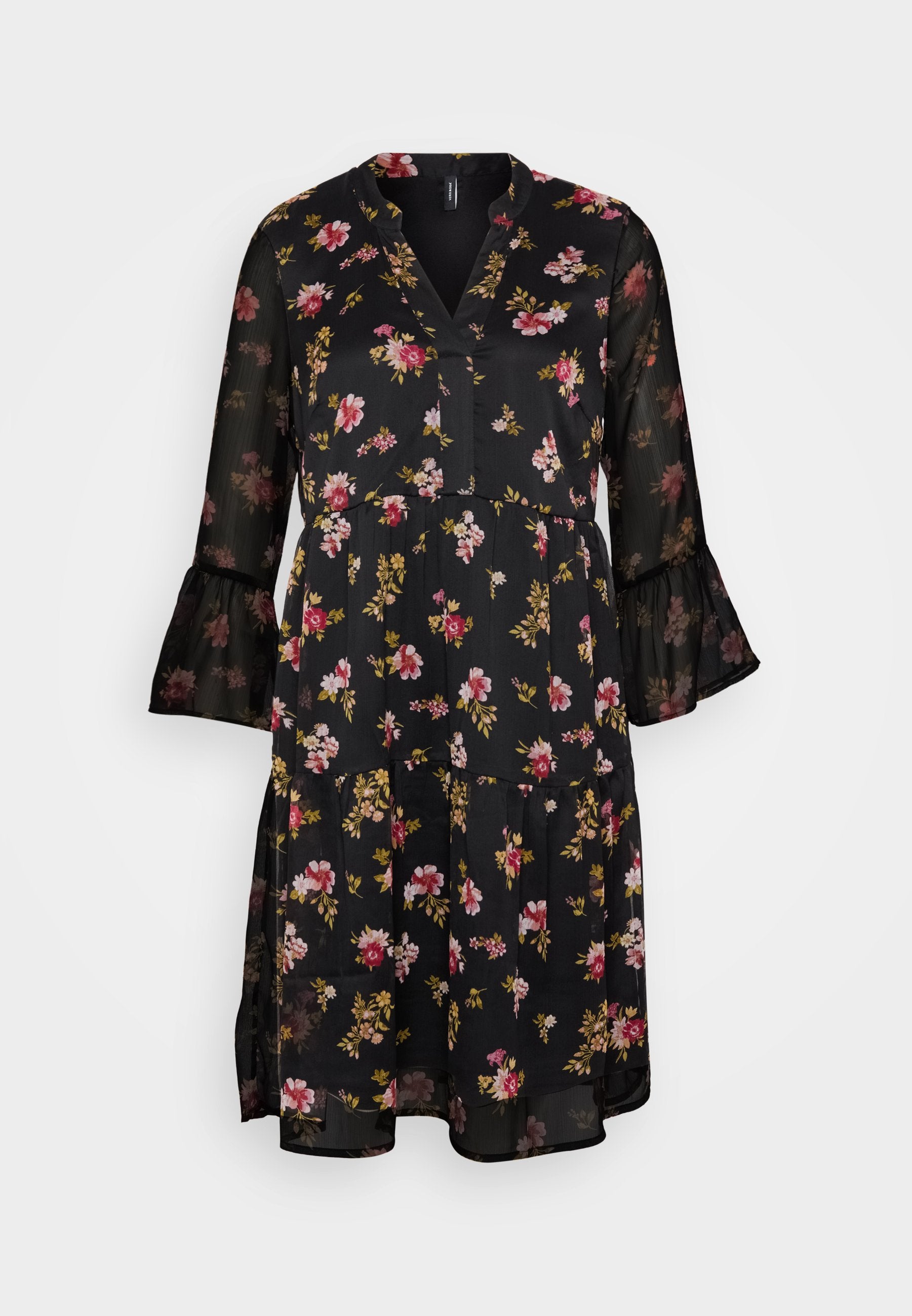 Schwarzes Blumenkleid mit V-Ausschnitt, transparentem Stoff, Rüschensleeves und einem gestuften Design mit rosa und gelben Blumen sowie grünen Blättern.