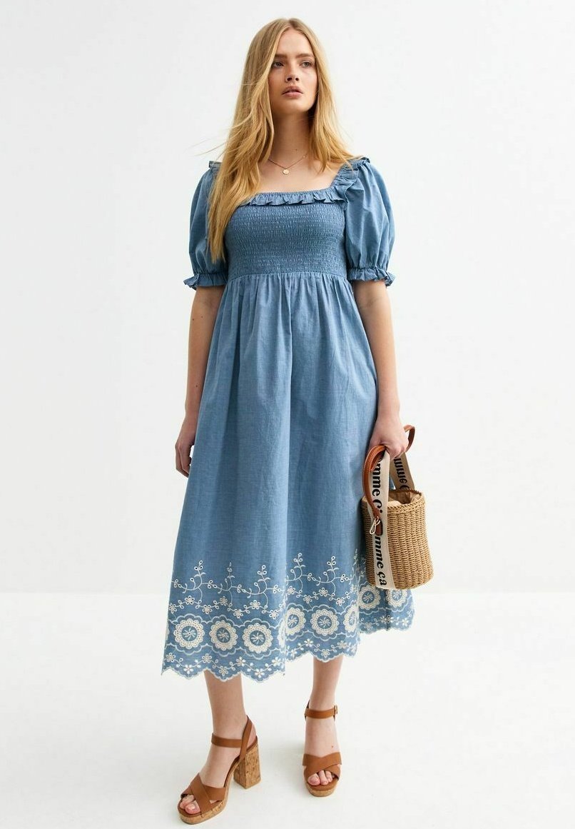 New Look FLORAL EMBROIDERED FRILLY TRIM MIDI