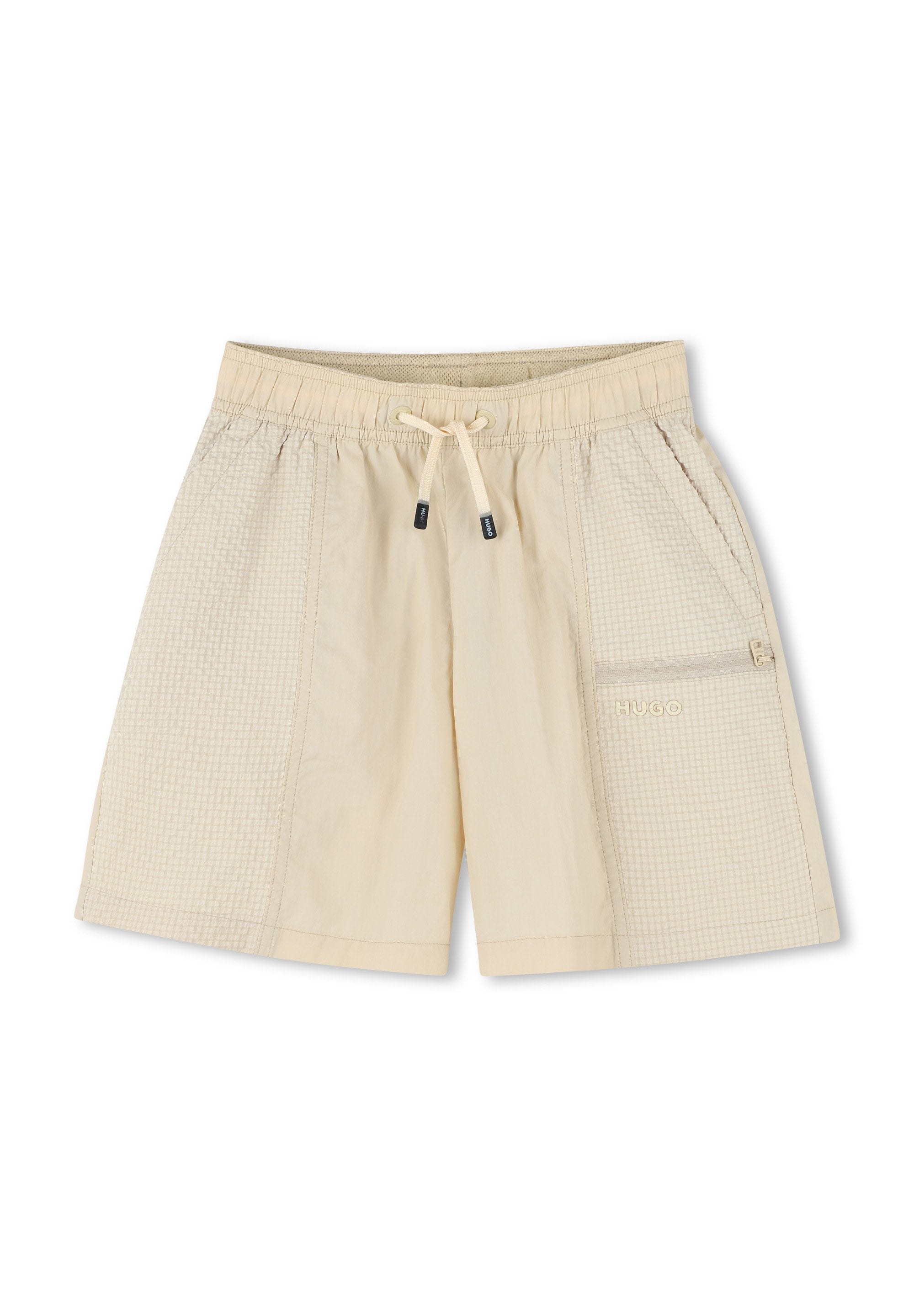 Beige Badehosen mit elastischem Bund und Kordelzug, ausgestattet mit einer strukturierten Seitenpartie und einer Reißverschlusstasche mit Logodetail.