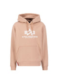 Beige Kapuzenpullover mit einer Vordertasche, der ein weißes Logodesign aufweist, das stilisierte Buchstaben und drei horizontale Linien enthält.