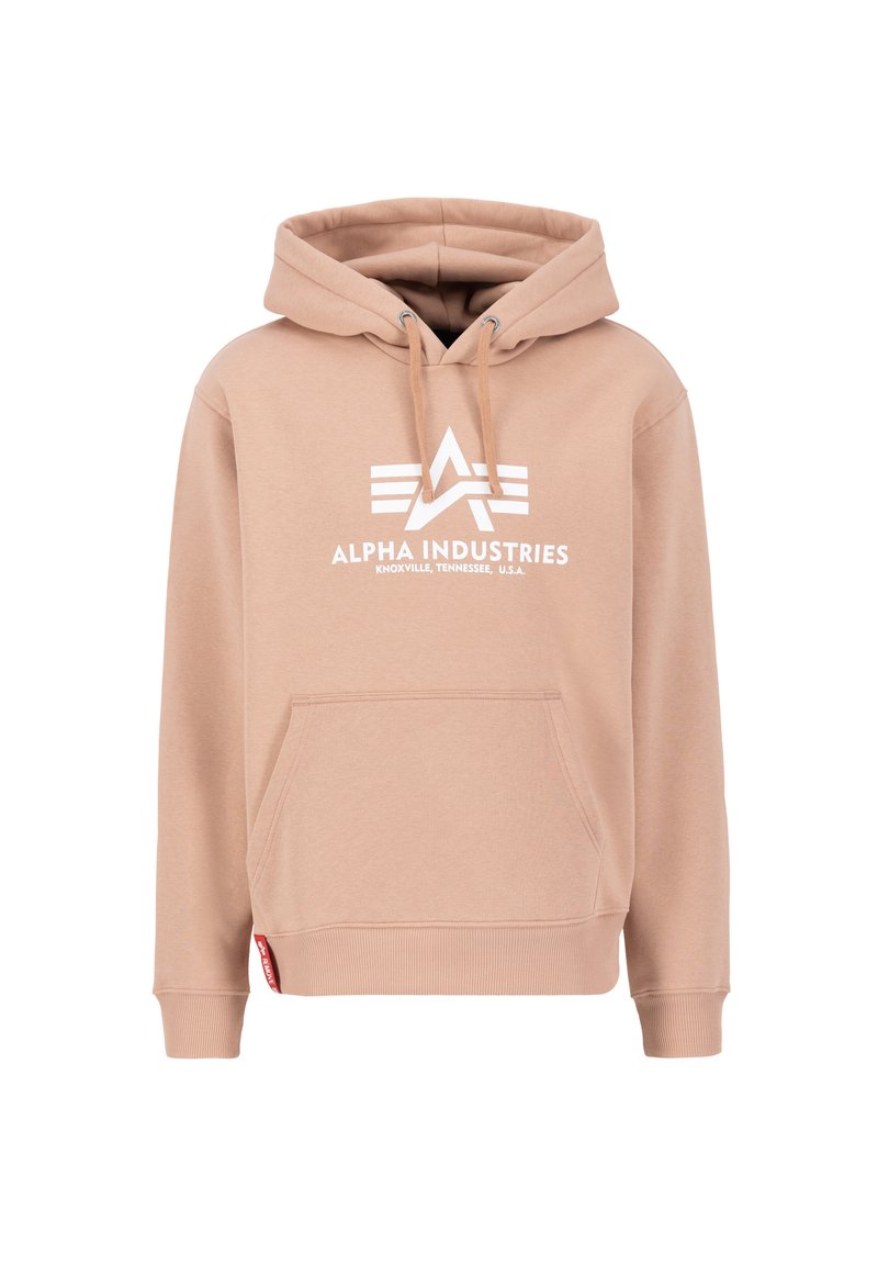 Beige Kapuzenpullover mit einer Vordertasche, der ein weißes Logodesign aufweist, das stilisierte Buchstaben und drei horizontale Linien enthält.