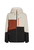 Herren wasserdichte Jacke mit Kapuze, in Beige, Braun und Schwarz mit orangefarbenen Akzenten und Reißverschlusstaschen.