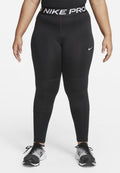 Schwarze Nike Pro Leggings mit einem breiten Taillenbund, der mit weißem Branding versehen ist. Gefertigt aus dehnbarem Stoff mit glatter Textur und figurbetontem Design.
