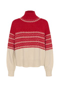 Rot- und cremefarbener Rollkragenpullover mit strukturiertem Strick, geometrischen Mustern in einem roten Band über der Brust sowie gerippten Bündchen und Saum.