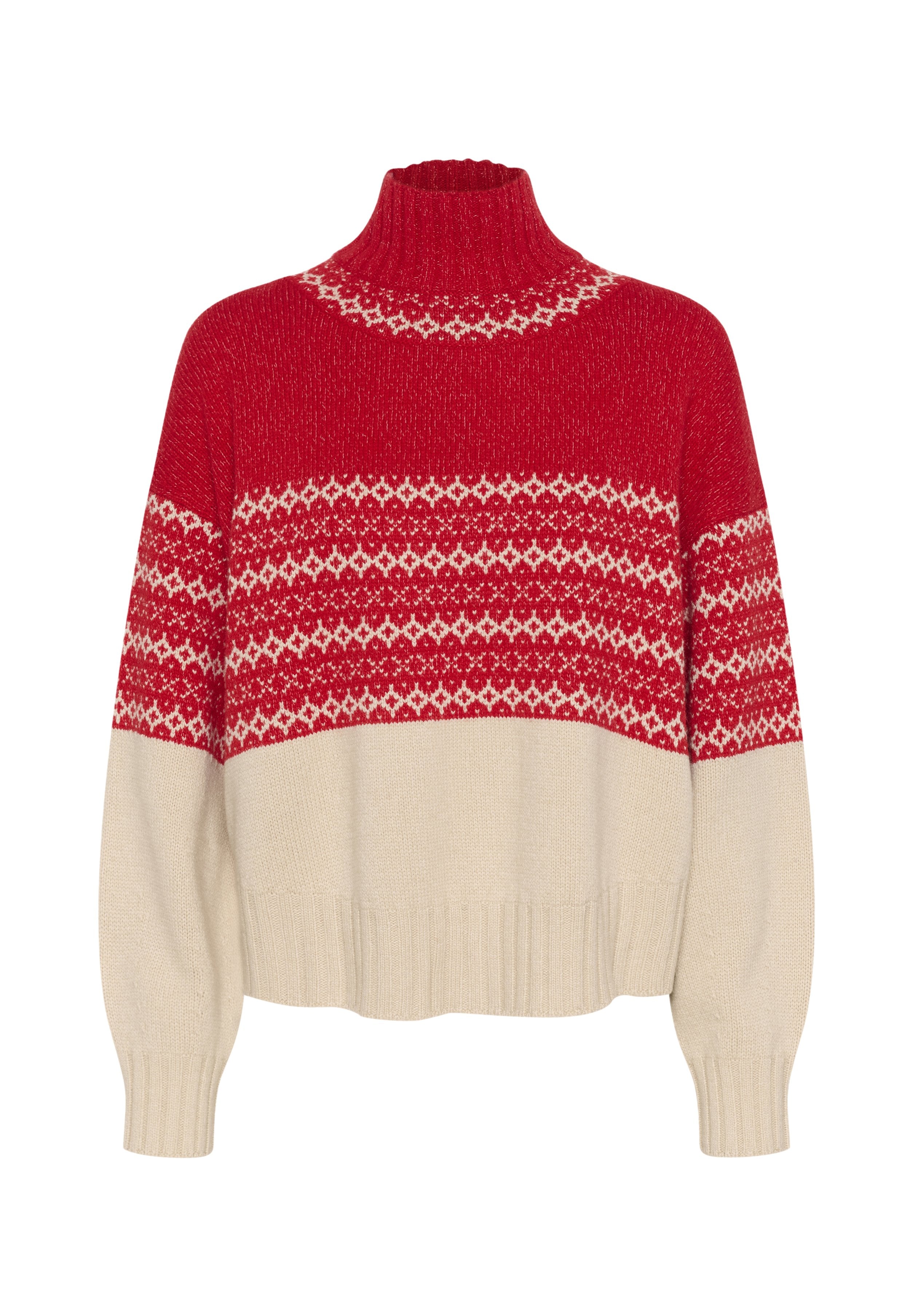 Rot- und cremefarbener Rollkragenpullover mit strukturiertem Strick, geometrischen Mustern in einem roten Band über der Brust sowie gerippten Bündchen und Saum.
