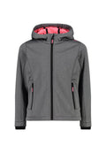 Graue Zip-Jacke mit pinkem Innenfutter, mit Kapuze, zwei seitlichen Reißverschlusstaschen und schwarzen Akzenten. Glatte Textur und modernes Design.