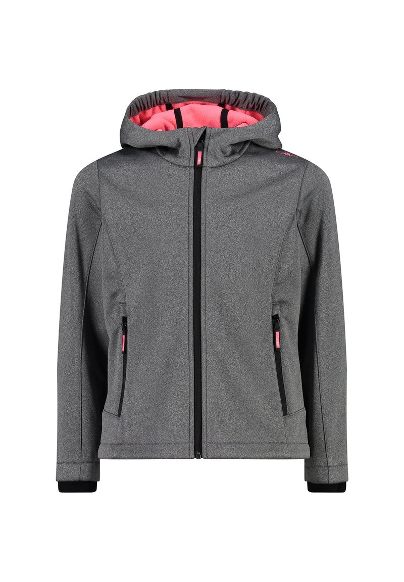 Graue Zip-Jacke mit pinkem Innenfutter, mit Kapuze, zwei seitlichen Reißverschlusstaschen und schwarzen Akzenten. Glatte Textur und modernes Design.