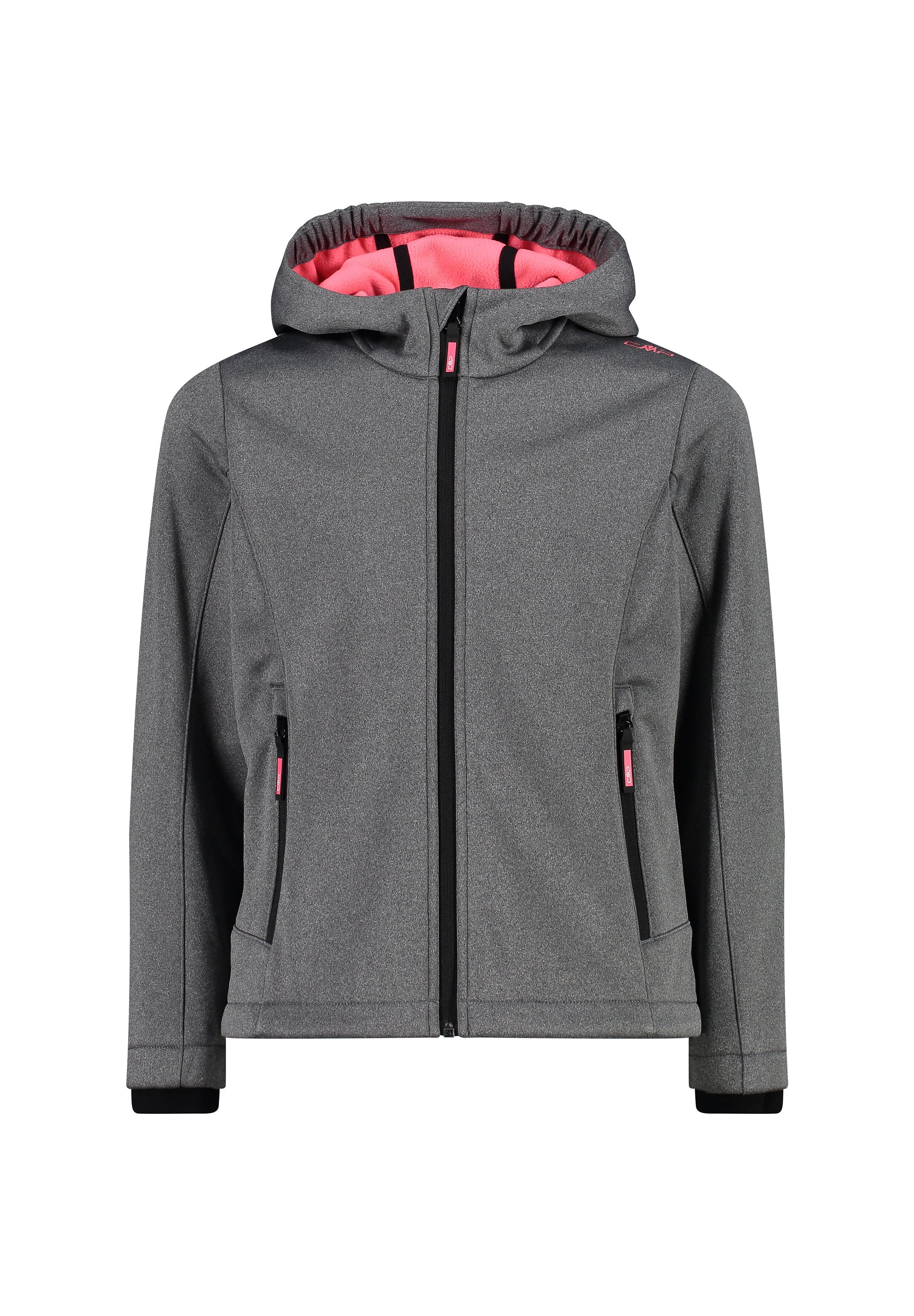 Graue Zip-Jacke mit pinkem Innenfutter, mit Kapuze, zwei seitlichen Reißverschlusstaschen und schwarzen Akzenten. Glatte Textur und modernes Design.