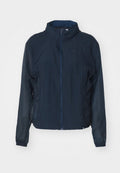 Marineblaue leichte Jacke mit einem Karomuster, hohem Kragen, Reißverschluss vorn und verstellbaren Seitenzügen aus glattem, durchsichtigem Material.