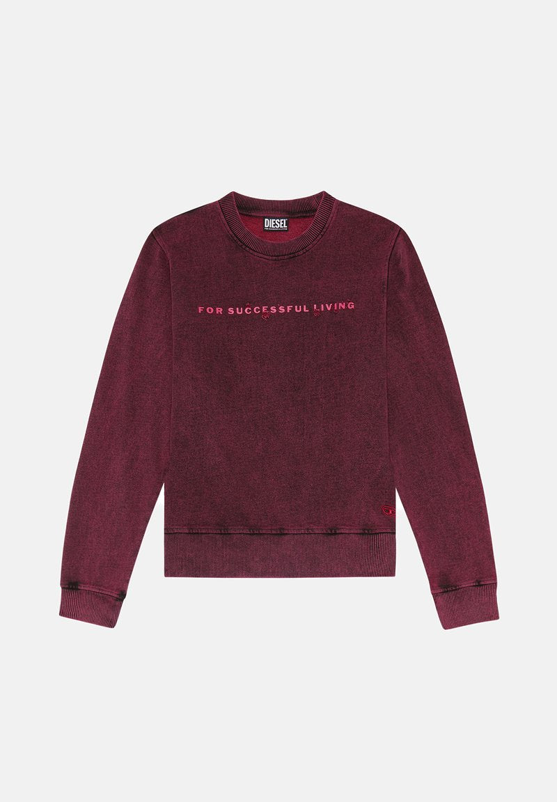 Bordeaux Sweatshirt aus weichem Stoff, mit Rundhalsausschnitt, gerippten Bündchen und Saum, mit "FÜR EINEN ERFOLGREICHEN LEBENSSTIL" in Pink auf der Brust bedruckt.