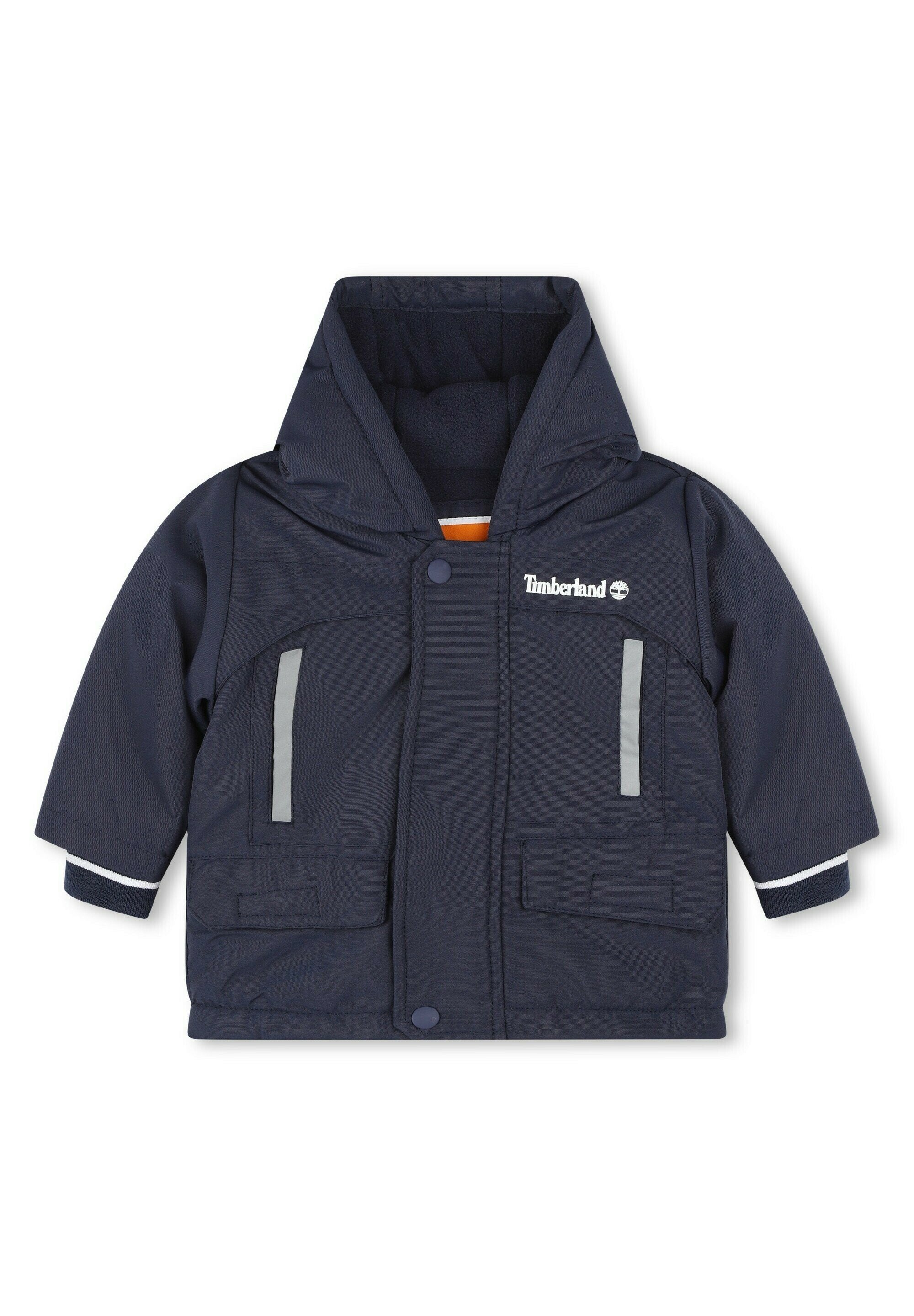 Marineblaue Kinderjacke mit Kapuze, aus synthetischem Material hergestellt. Verfügt über zwei Fronttaschen, reflektierende Einsätze und graue Akzentstreifen.