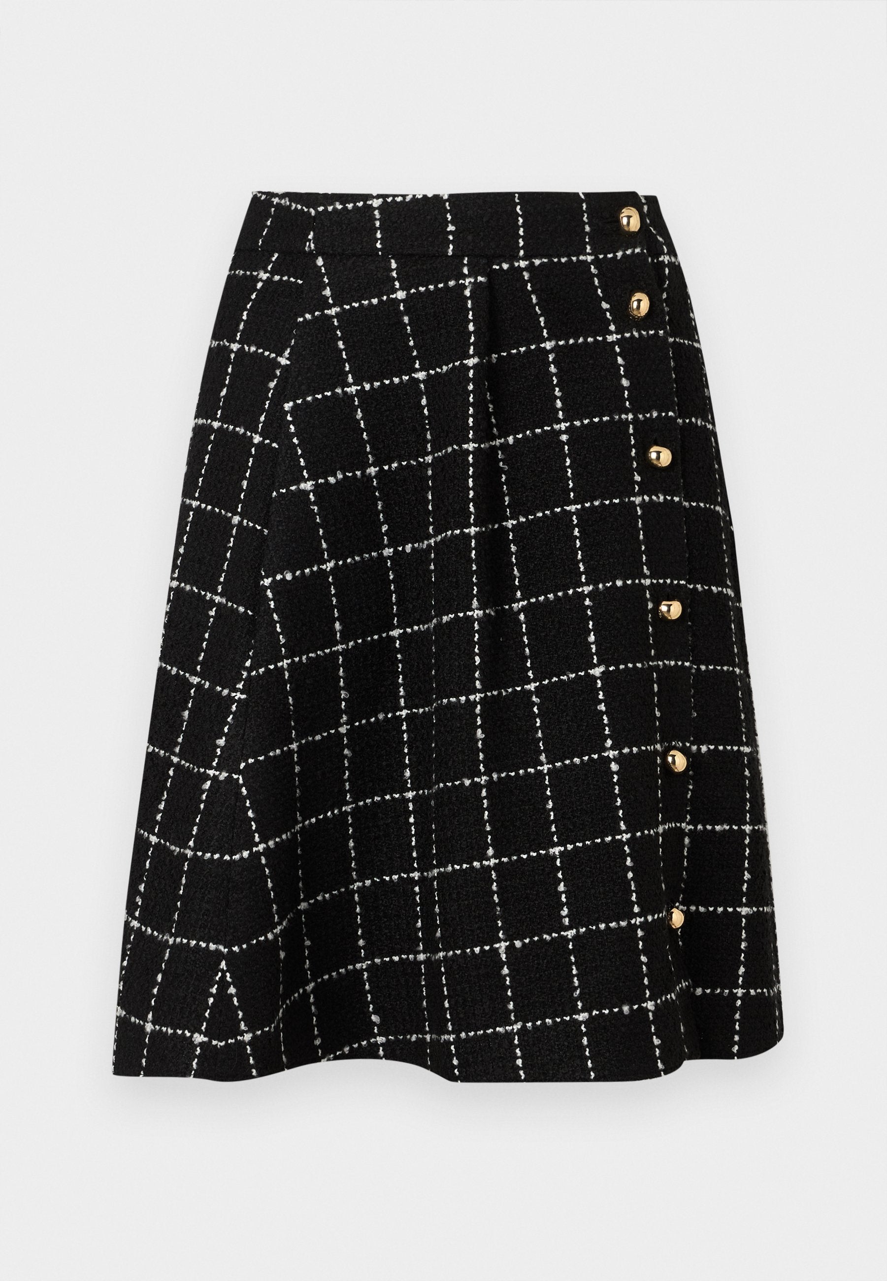 Schwarzer Tweed-Rock mit einem weißen Karomuster, ausgestelltem Design und goldfarbenen Knopfdetails an der Seite.