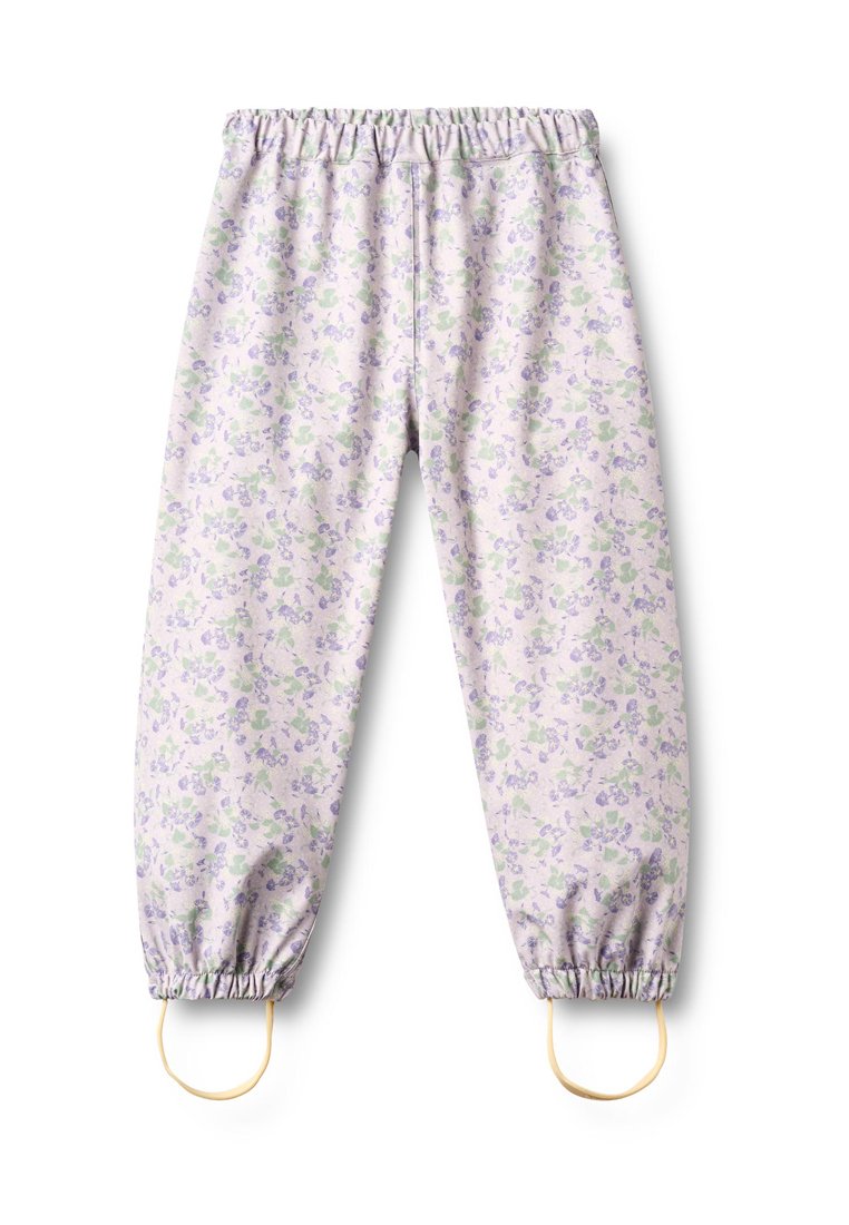 Hellviolette Hose mit floralem Muster in Grün und Lavendel. Elastischer Bund und Bündchen, mit zwei runden Schlaufen am Saum.