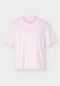 Hellrosa kurzärmeliges Nike Pro T-Shirt mit Rundhalsausschnitt, weißem Nike Swoosh-Logo und dem Schriftzug "NIKE PRO" vorne.