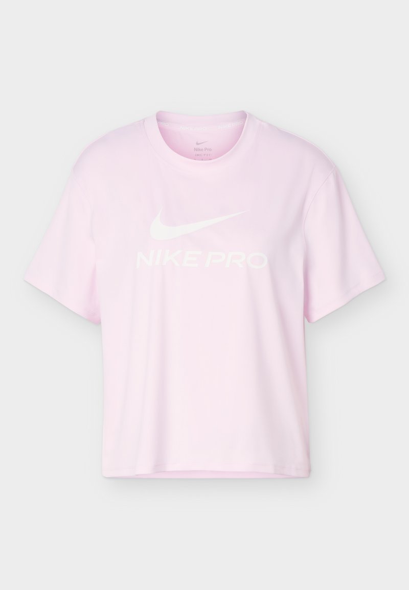 Hellrosa kurzärmeliges Nike Pro T-Shirt mit Rundhalsausschnitt, weißem Nike Swoosh-Logo und dem Schriftzug "NIKE PRO" vorne.