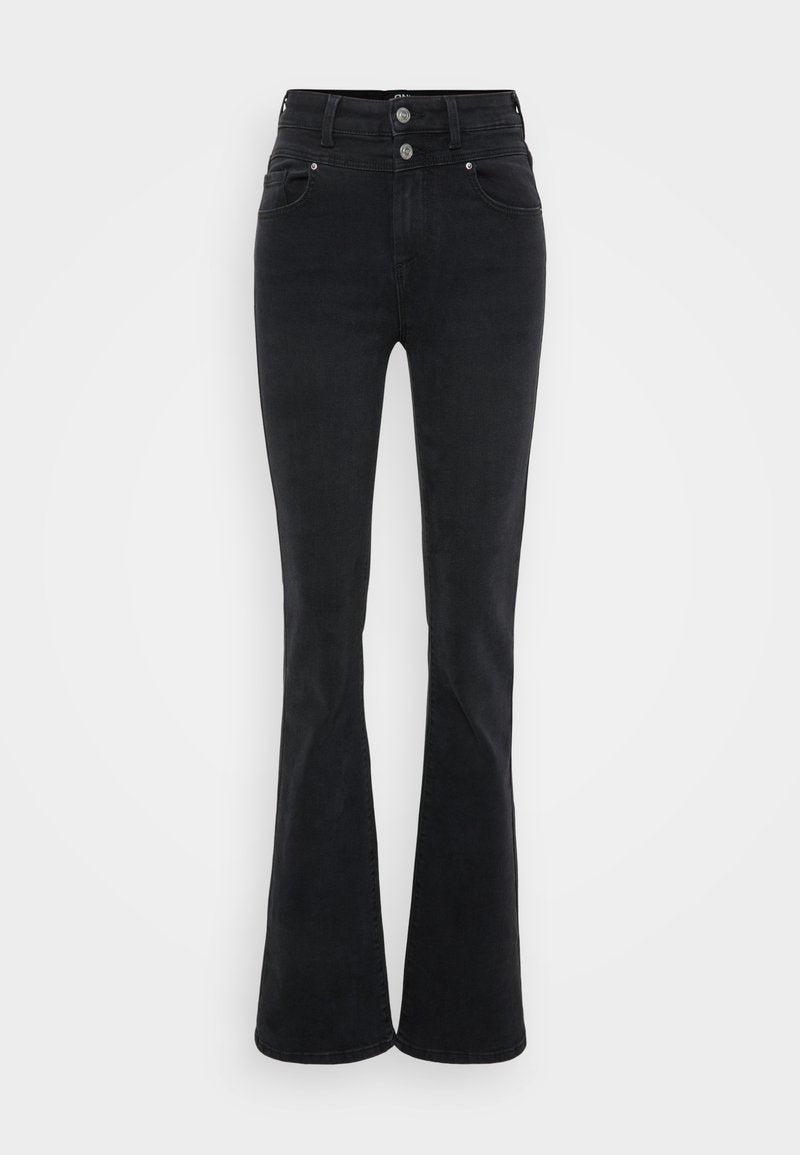 Schwarze Schlagjeans aus Denim mit hoher Taille, zwei Knöpfen und Fronttaschen. Der Stoff hat eine glatte Textur mit leichter Dehnbarkeit.