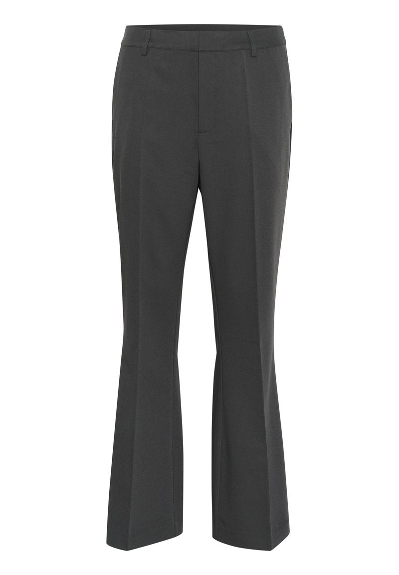 Graue maßgeschneiderte Hose mit geradem Bein, flachem Vorderteil und subtiler Textur. Mit Gürtelschlaufen und Seitentaschen.