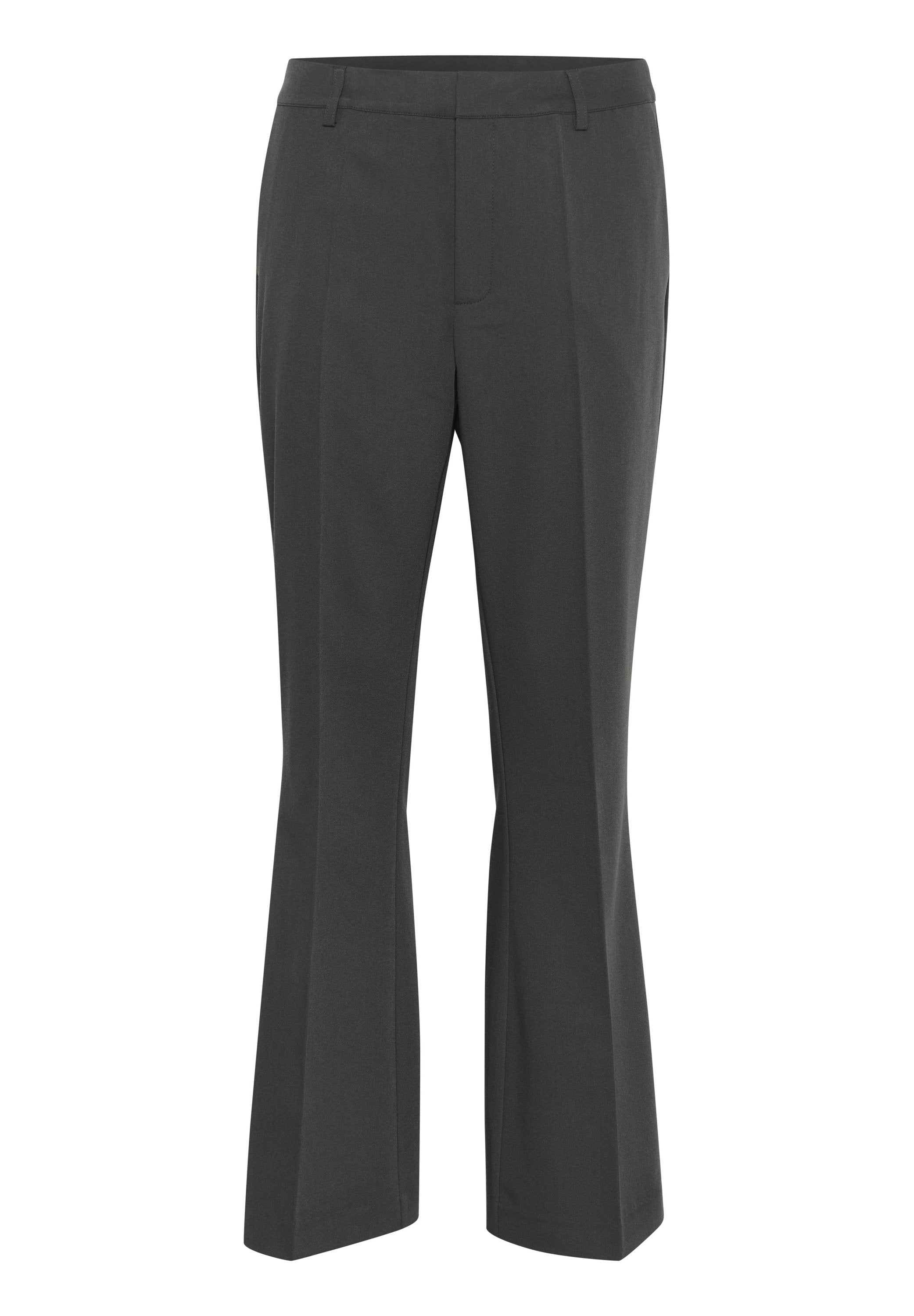 Graue maßgeschneiderte Hose mit geradem Bein, flachem Vorderteil und subtiler Textur. Mit Gürtelschlaufen und Seitentaschen.