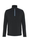 Schwarzer Pullover mit langen Ärmeln und hohem Kragen, ausgestattet mit einem teilweisen Frontreißverschluss und einem blauen Akzent in der Nähe des Reißverschlusses. Hergestellt aus einem glatten Stoff.