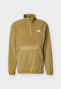Olivgrüner Fleecepullover mit Viertel-Reißverschluss, Stehkragen, vorderer Bauchtasche mit Klappe und weißem The North Face-Logo auf der Brust.