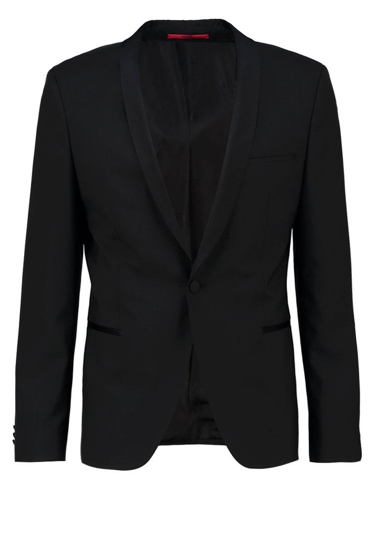 Schwarze Blazer mit satinierter Revers, Ein-Knopf-Verschluss und zwei Fronttaschen. Klarer Design, glatter Stofftextur und taillierte Passform.