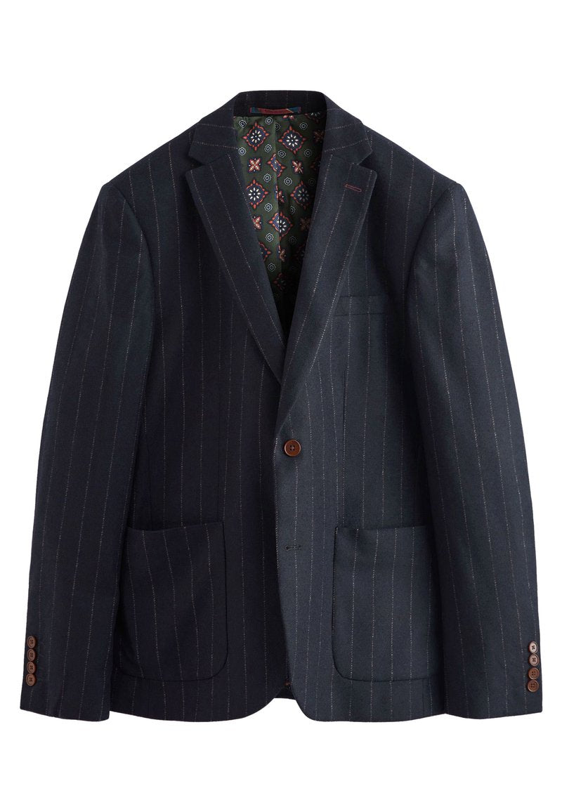 Dunkelblazer mit blauen Streifen aus strukturiertem Stoff, ausgestattet mit braunen Knöpfen, zwei vorderen Taschen und einer gemusterten grünen Innenauskleidung.