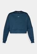 Marineblauer, kurz geschnittener Pullover mit Rundhalsausschnitt und langen Ärmeln. Mit einem weißen Nike-Logo auf der Brust und einer glatten Textur.
