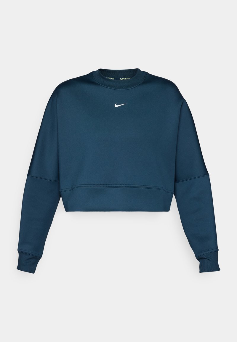 Marineblauer, kurz geschnittener Pullover mit Rundhalsausschnitt und langen Ärmeln. Mit einem weißen Nike-Logo auf der Brust und einer glatten Textur.