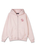 Hellrosa Zip-Hoodie mit einer Fronttasche, Kapuze und rundem Logo-Patch in dunklerem Pink auf der linken Brust. Weiches Baumwollmaterial.
