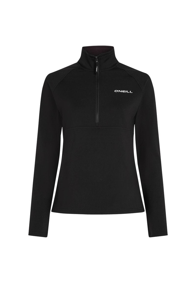 Schwarzer Fleece-Pullover mit Viertelreißverschluss und hohem Kragen. Verfügt über lange Ärmel und ein weißes Logo auf der Brust. Glatte Textur.