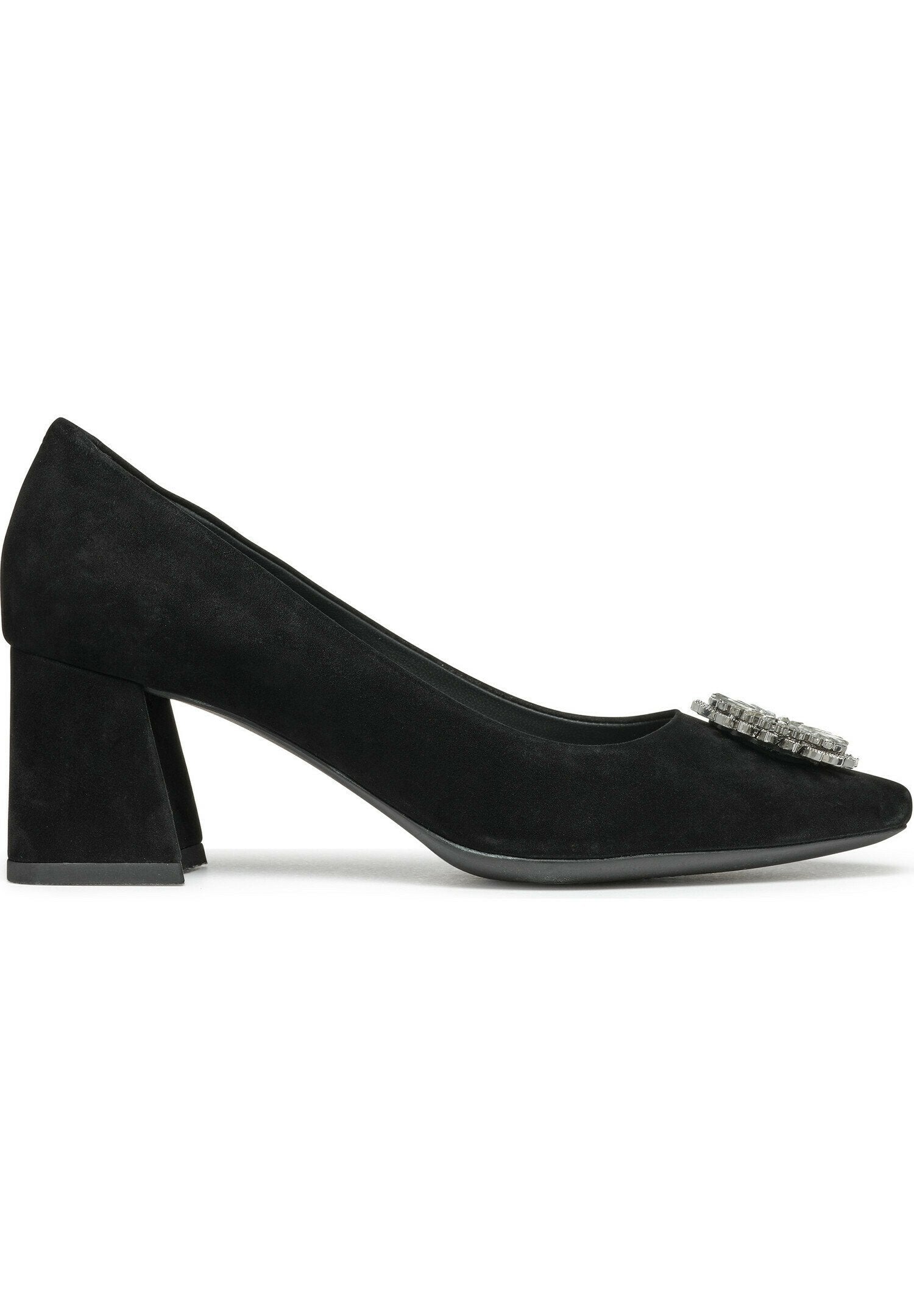 Schwarze Wildleder-Pumps mit hohen Absätzen, einem Blockabsatz und einer Strassverzierung an der Spitze. Glatte Textur mit spitz zulaufendem Design.