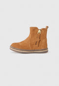 Braune Wildleder-Stiefelette mit seitlichem Reißverschluss, ausgestattet mit einem blumenförmigen Ziehgriff und einer dicken, geschichteten Sohle.