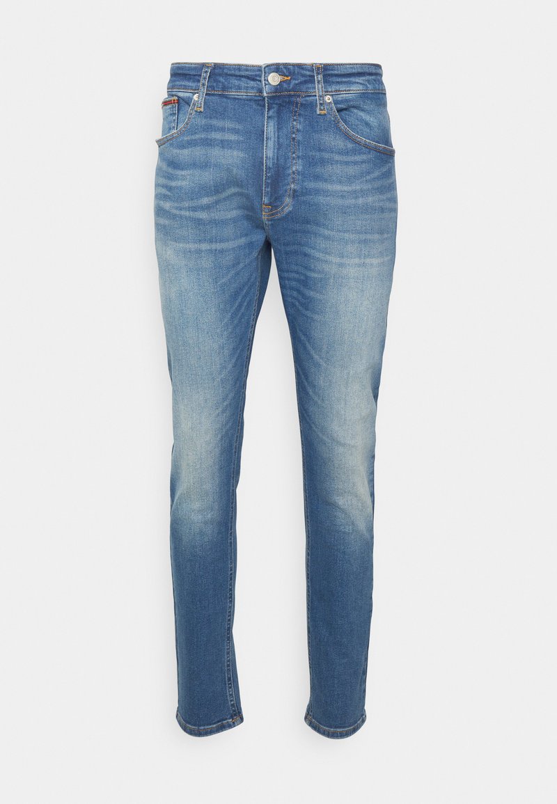 Hellblaue Jeans aus Denim mit geradem Bein, ausgestattet mit fünf Taschen, einem Knopfverschluss und subtilen Abnutzungen an den Oberschenkeln.