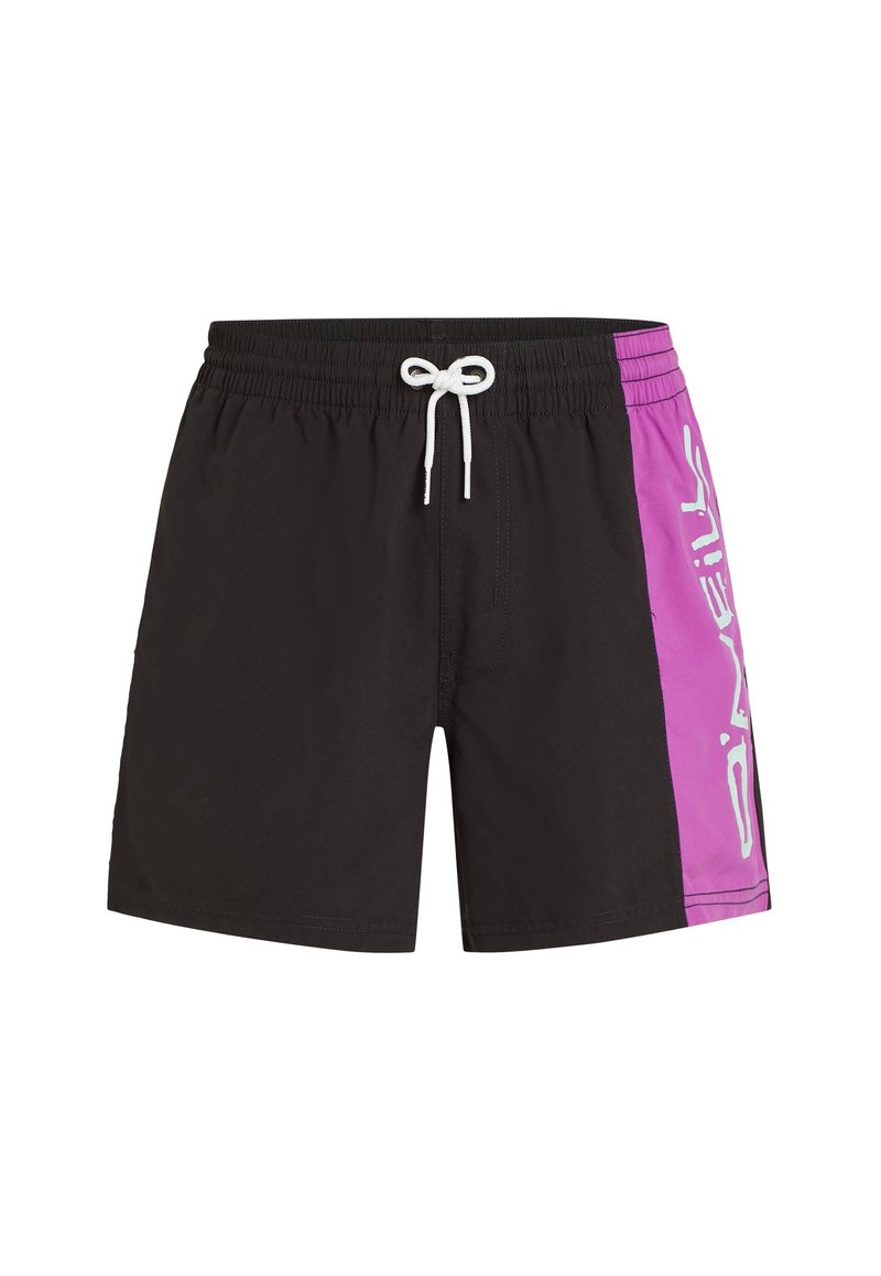 Schwarze Badehosen mit einem pinkfarbenen Seitenstreifen und einem weißen Logo. Sie verfügen über einen Kordelzugbund und bestehen aus einem glatten, leichten Material.