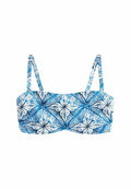 Bikini-Oberteil mit einem blau-weißen floralen geometrischen Muster, verstellbaren Trägern, glatter Textur und einem strukturierten, bandeauartigen Design.