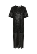 Schwarzes Pailletten-Kleid mit kurzen Ärmeln, rundem Ausschnitt und geradem Schnitt. Verfügt über eine schimmernde Textur und einen knielangen Saum.
