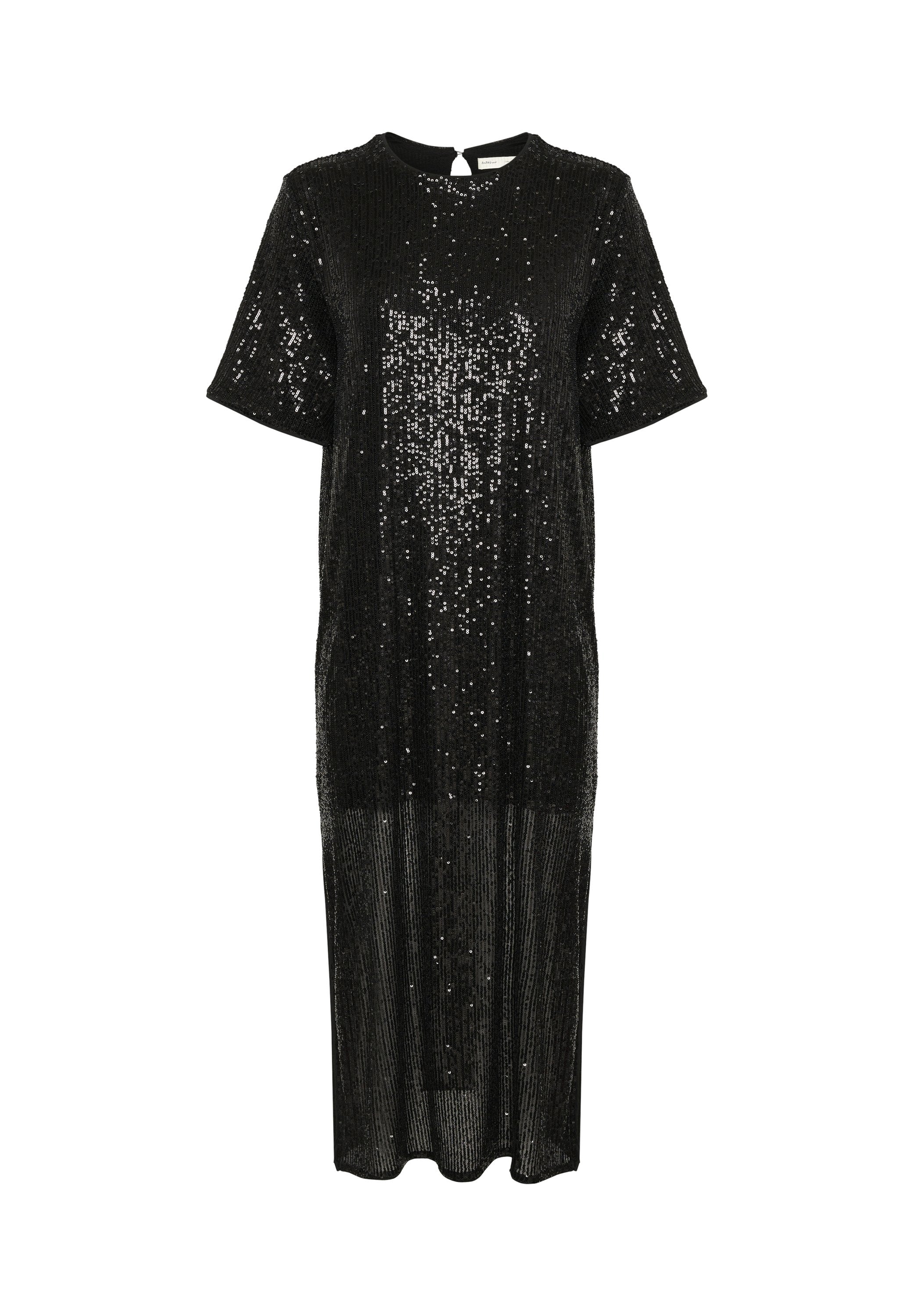 Schwarzes Pailletten-Kleid mit kurzen Ärmeln, rundem Ausschnitt und geradem Schnitt. Verfügt über eine schimmernde Textur und einen knielangen Saum.