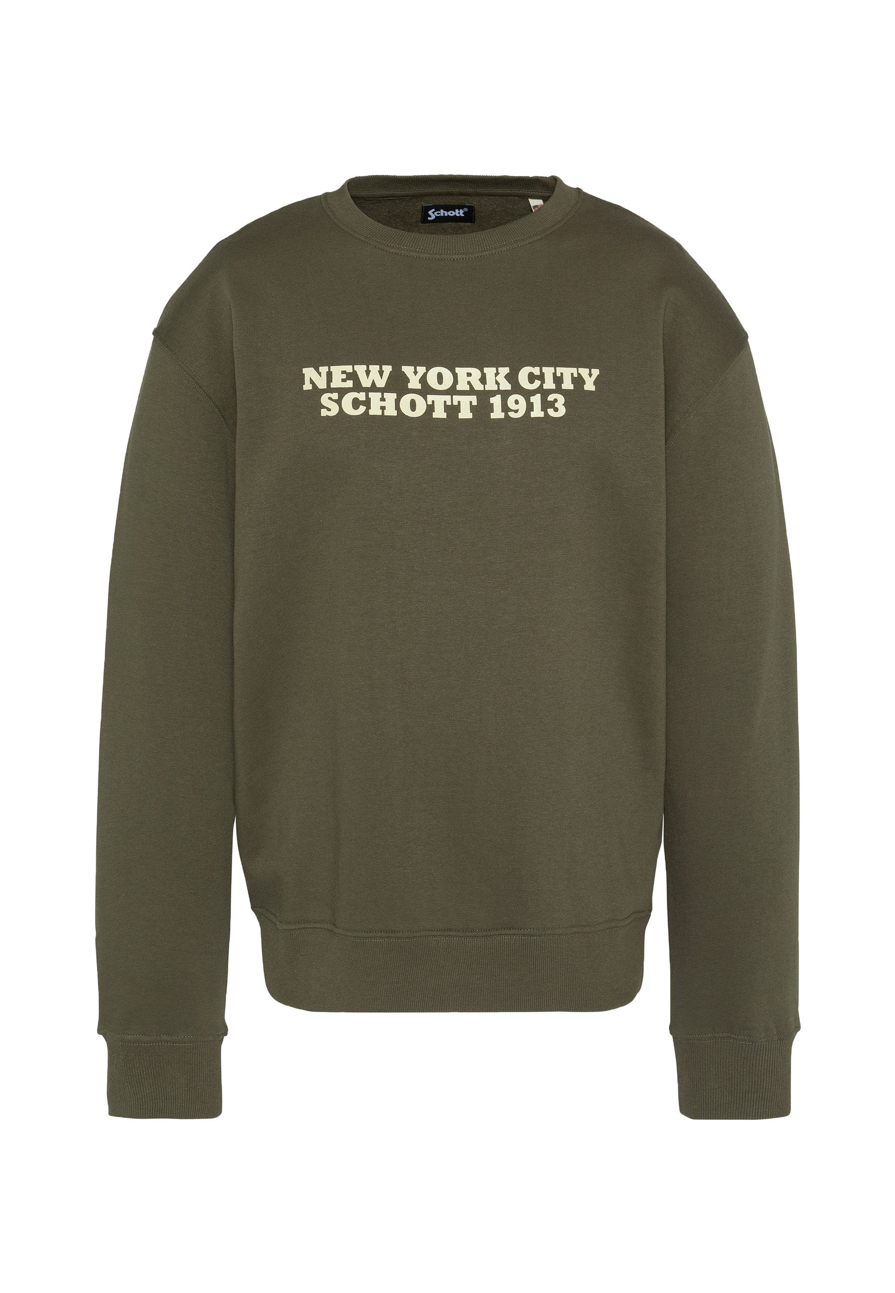 Olivgrünes Sweatshirt mit Rundhalsausschnitt, mit der Aufschrift "NEW YORK CITY SCHOTT 1913" in Cremefarbe. Weicher Stoff, lässiges Design, gerippte Bündchen und Saum.