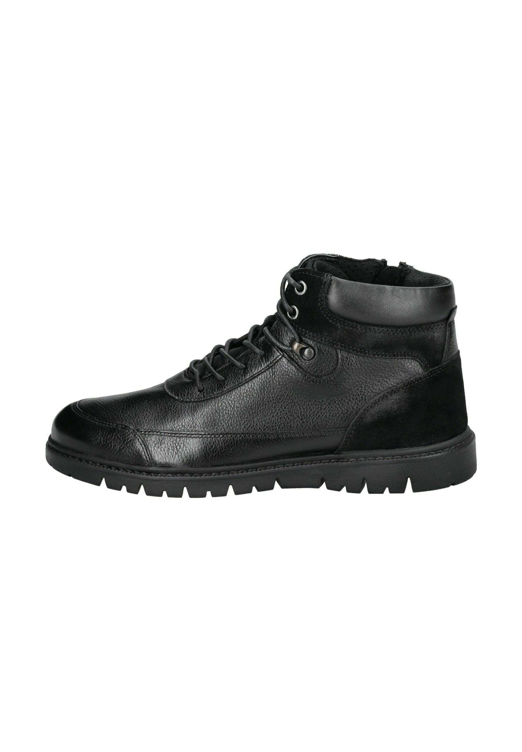 Schwarze Leder- und Wildleder-Hohenstiefel mit strukturiertem Finish, Schnürdesign, runder Zehenpartie und Gummisohle mit gezackt gemustertem Profil.