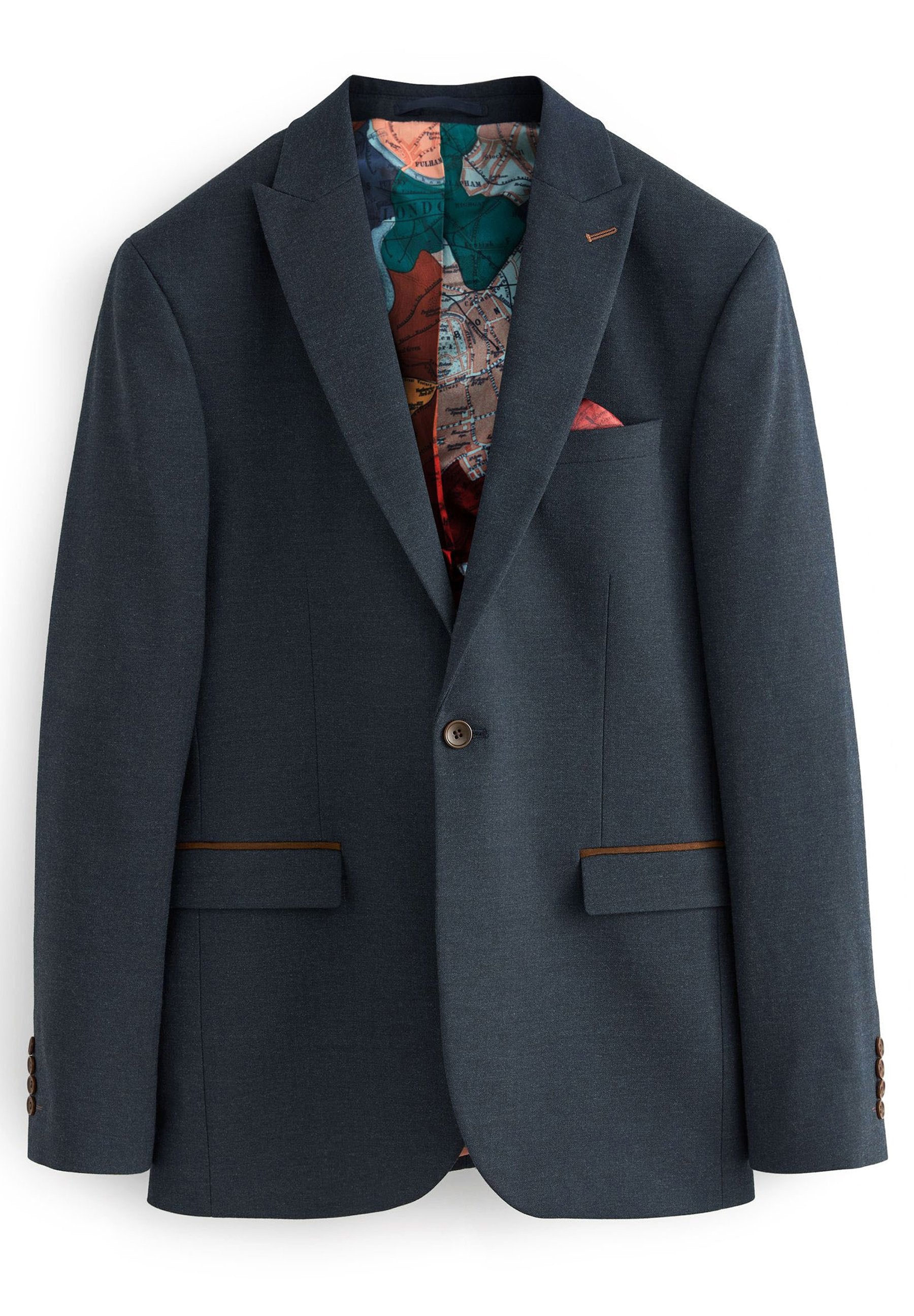 Marineblauer Blazer aus strukturiertem Stoff, mit braunen Akzenten, zwei Fronttaschen und einem bunten, gemusterten Futter, das am Kragen und an der Tasche sichtbar ist.