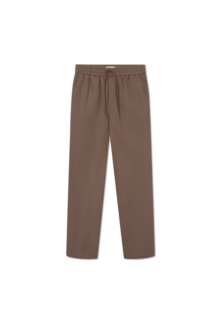 Braune, locker sitzende Hosen aus leichtem Material. Mit einem elastischen Bund und Kordelzug, seitlichen Taschen und geraden Beinen.