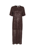 Paillettenbesetztes braunes Kleid mit lässiger Passform, kurzen Ärmeln und einem Ausschnitt im Rücken. Der Stoff hat eine strukturierte, schimmernde Oberfläche.
