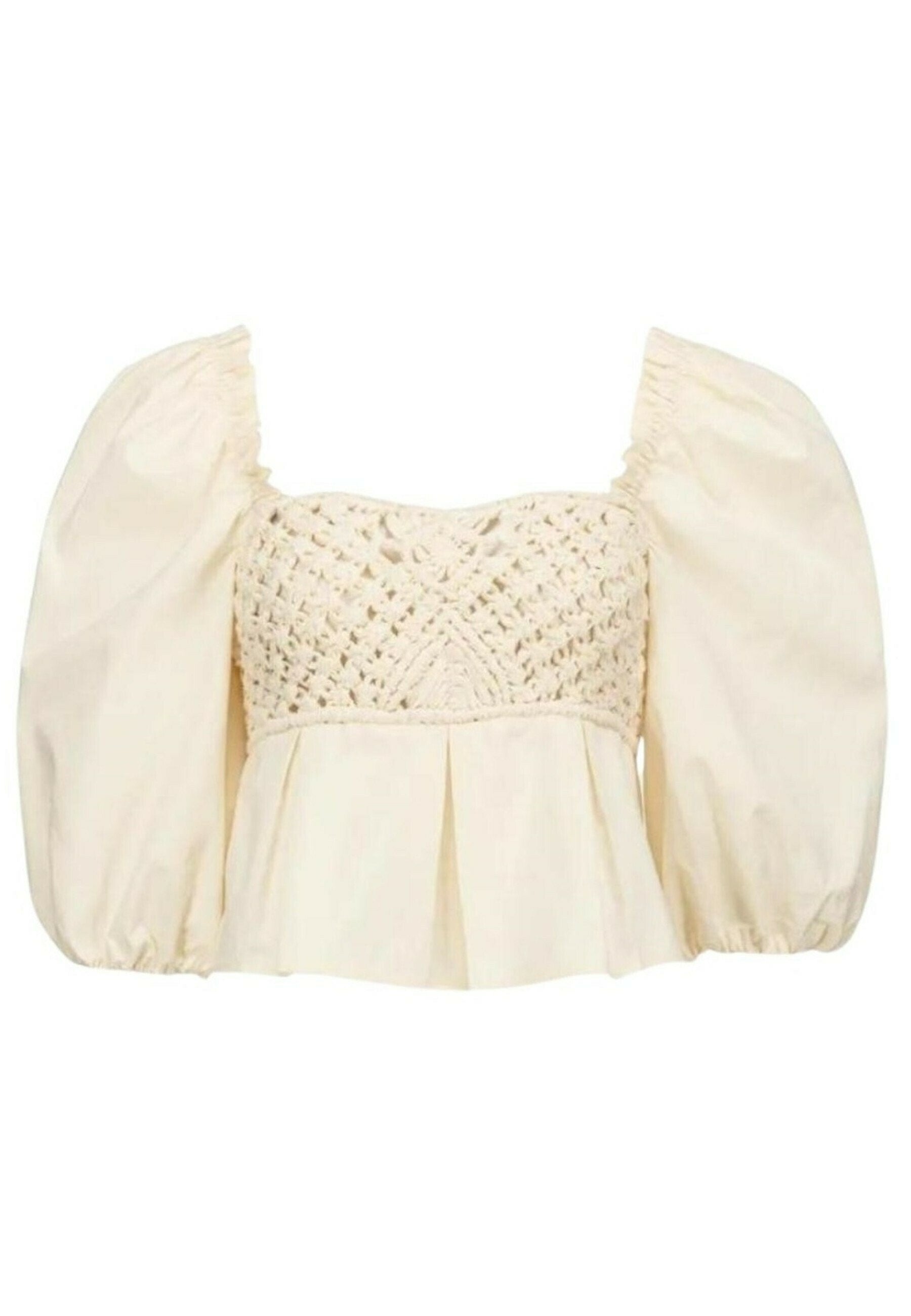 Cremfarbene Bluse mit Puffärmel, einem strukturierten gehäkelten Oberteil und einem gerafften Peplum-Saum. Sie zeichnet sich durch einen weichen, leichten Stoff aus.