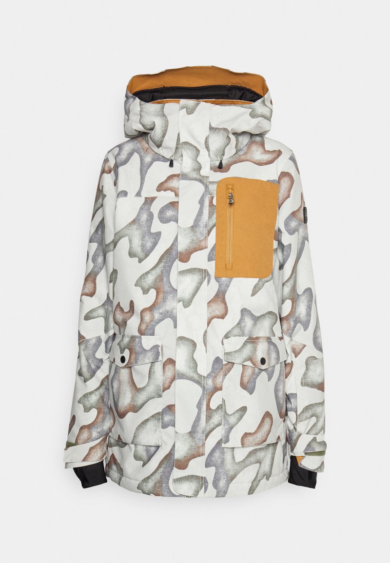 Weiße camouflage Jacke mit einer sandfarbenen Brusttasche, zwei frontalen Taschen, Kapuze und schwarzen Bündchen. Aus einem strukturierten, wasserabweisenden Stoff.