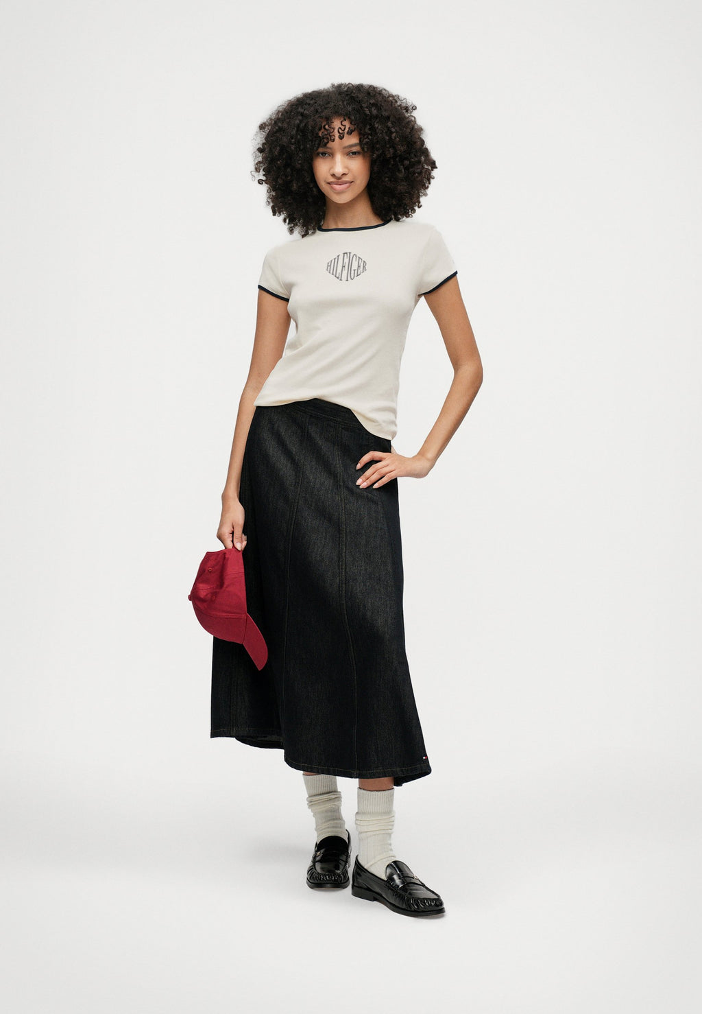 HIGH RISE DENIM FLARE MIDI SKIRT Media 2