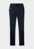 Marineblaue Hose mit Kordelzugbund, geradem Schnitt, zwei vorderen Taschen und dezentem Logo auf der linken Tasche. Glatte Textur.
