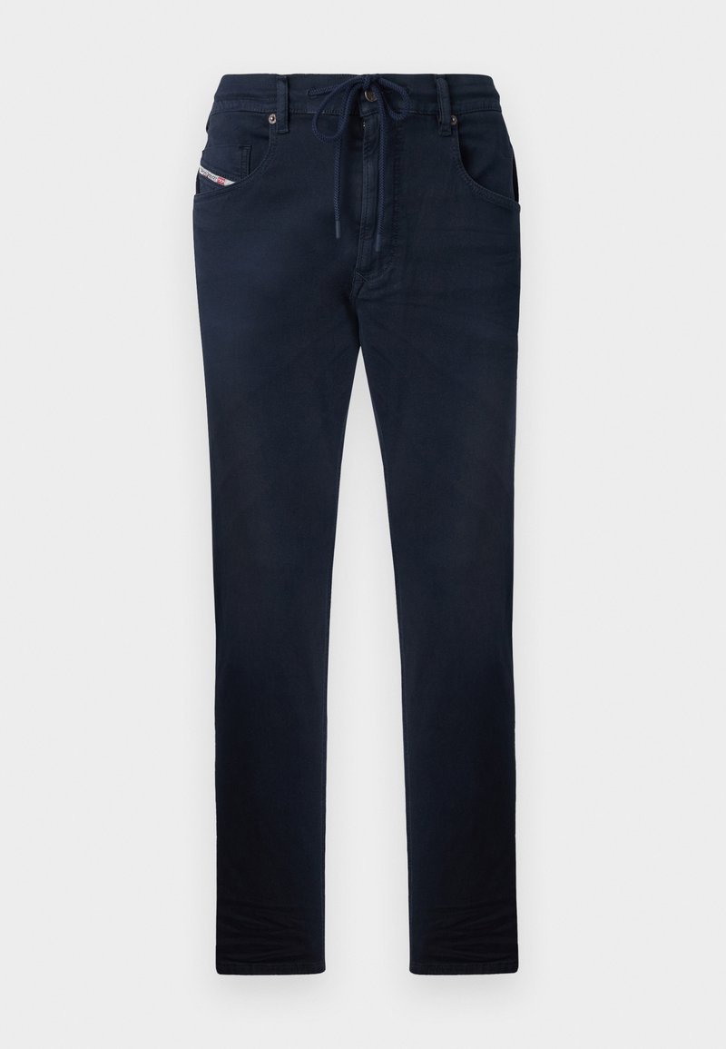 Marineblaue Hose mit Kordelzugbund, geradem Schnitt, zwei vorderen Taschen und dezentem Logo auf der linken Tasche. Glatte Textur.