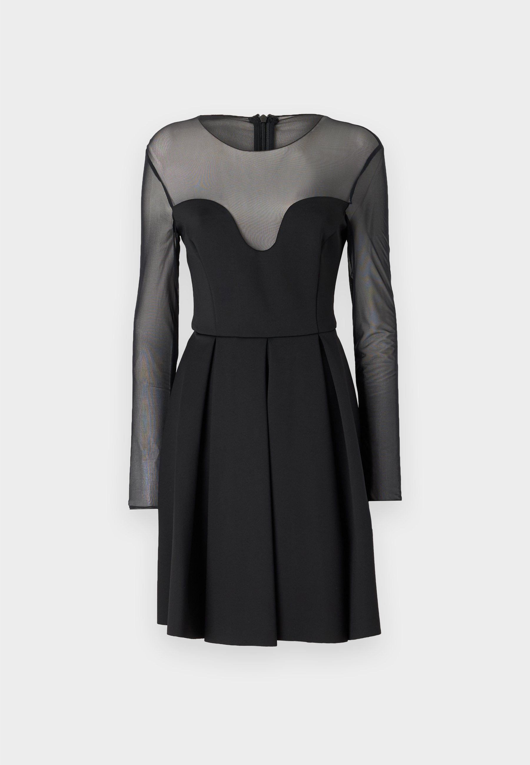 Schwarzes Kleid mit tailliertem Oberteil, durchsichtigen langen Ärmeln und herzförmigem Ausschnitt. Faltenrock sorgt für Volumen. Reißverschluss im Rücken.