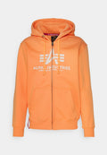 Orange Kapuzenpullover mit Reißverschluss aus strukturiertem Stoff. Verfügt über eine vordere Tasche, eine Zugkordelkapuze und ein aufgedrucktes Logo auf der Brust.